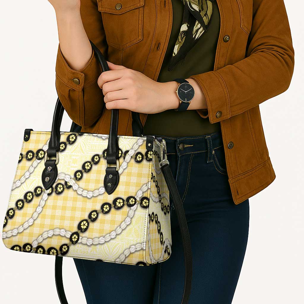 Yellow Palaka Hawaii Leather Bag Kukui Nut Pikake Lei Hawaiian Tapa Pattern - Polynesian Pride