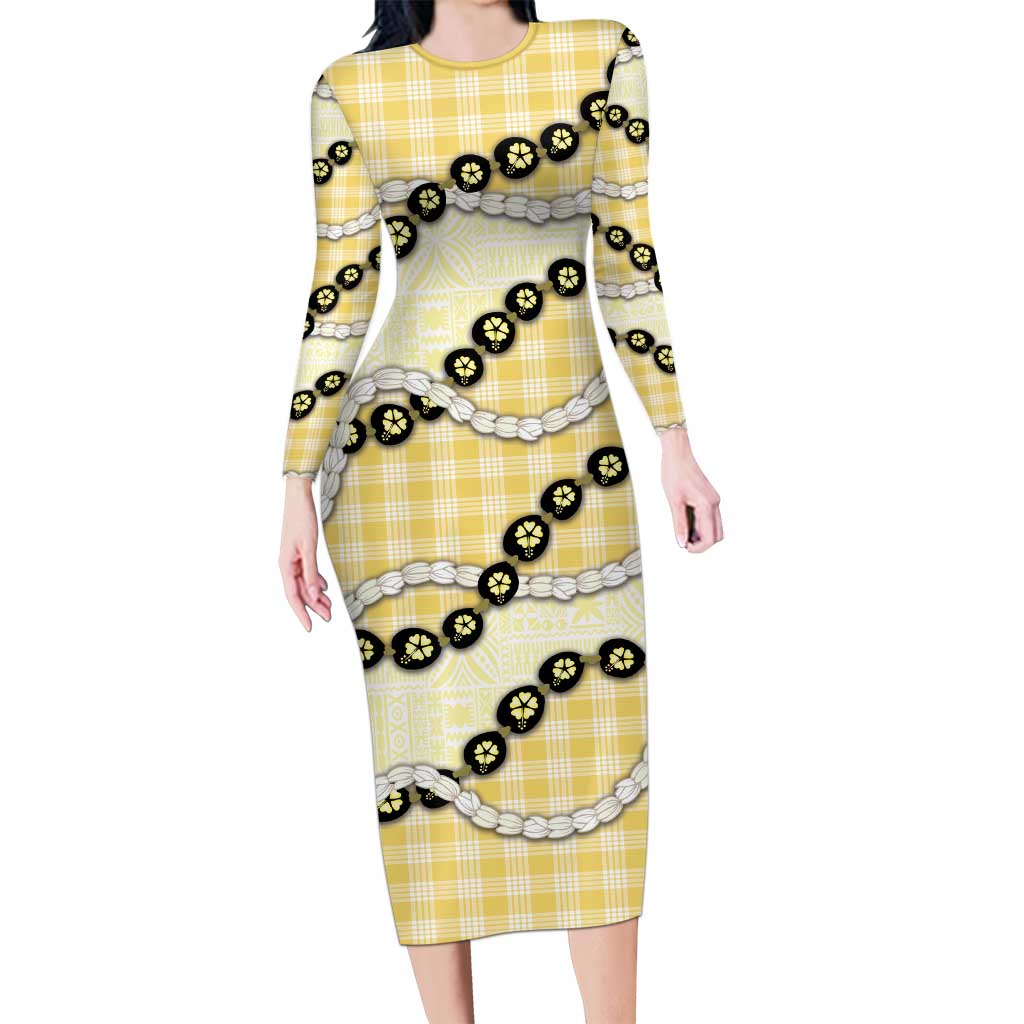 Yellow Palaka Hawaii Long Sleeve Bodycon Dress Kukui Nut Pikake Lei Hawaiian Tapa Pattern - Polynesian Pride