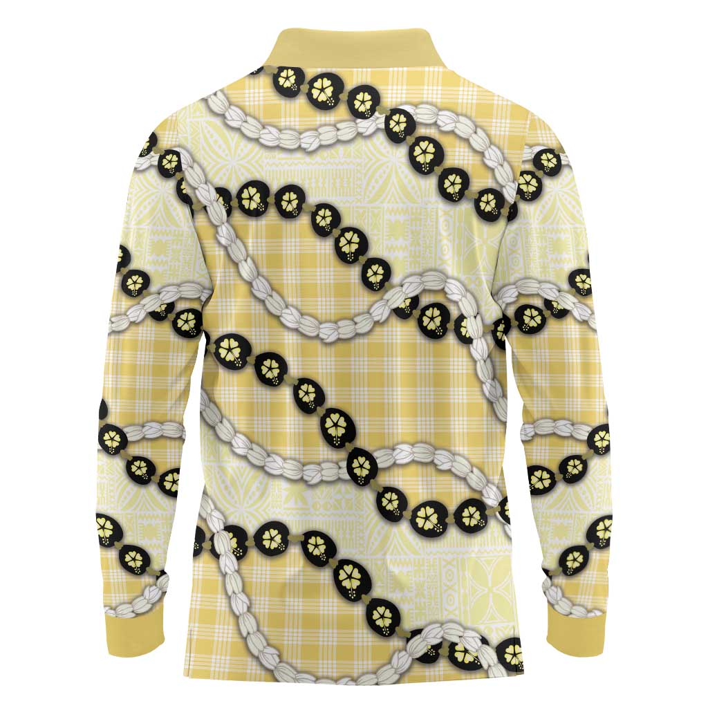 Yellow Palaka Hawaii Long Sleeve Polo Shirt Kukui Nut Pikake Lei Hawaiian Tapa Pattern - Polynesian Pride
