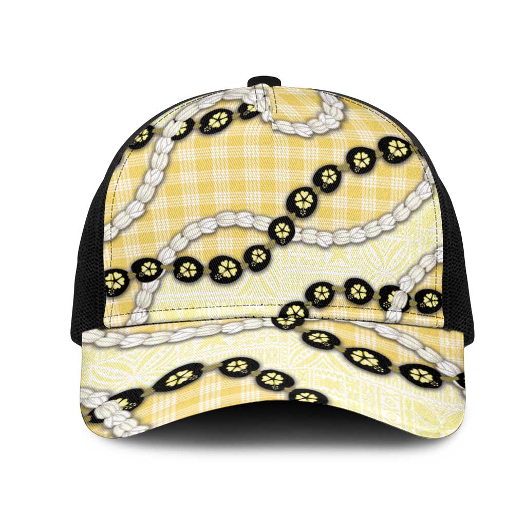 Yellow Palaka Hawaii Mesh Trucker Cap Kukui Nut Pikake Lei Hawaiian Tapa Pattern - Polynesian Pride