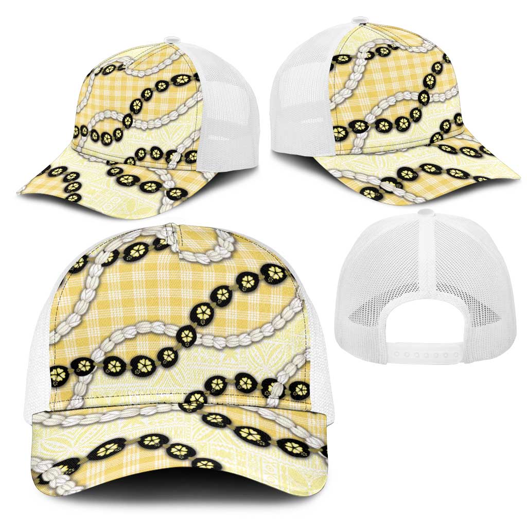 Yellow Palaka Hawaii Mesh Trucker Cap Kukui Nut Pikake Lei Hawaiian Tapa Pattern - Polynesian Pride