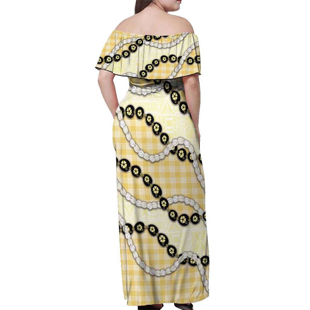Yellow Palaka Hawaii Off Shoulder Maxi Dress Kukui Nut Pikake Lei Hawaiian Tapa Pattern LT14 - Polynesian Pride