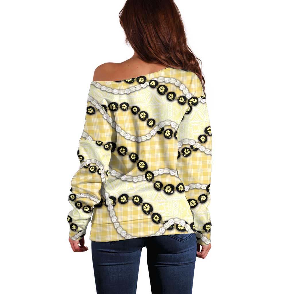 Yellow Palaka Hawaii Off Shoulder Sweater Kukui Nut Pikake Lei Hawaiian Tapa Pattern - Polynesian Pride