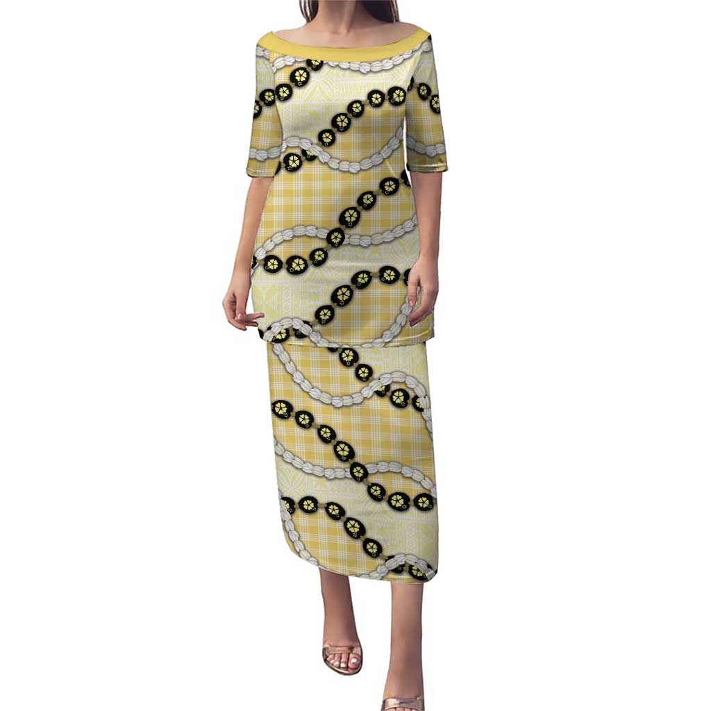 Yellow Palaka Hawaii Puletasi Kukui Nut Pikake Lei Hawaiian Tapa Pattern - Polynesian Pride