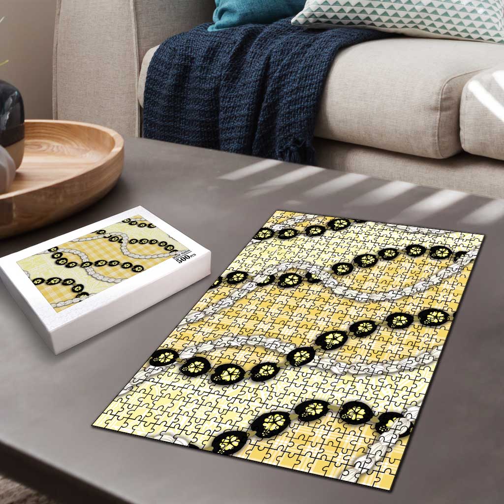 Yellow Palaka Hawaii Puzzle Kukui Nut Pikake Lei Hawaiian Tapa Pattern - Polynesian Pride