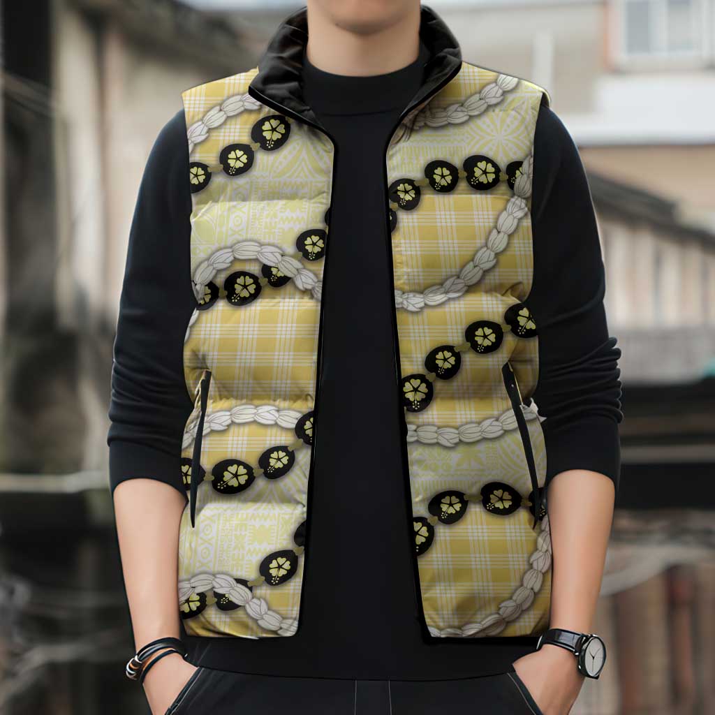 Yellow Palaka Hawaii Sleeveless Puffer Jacket Kukui Nut Pikake Lei Hawaiian Tapa Pattern - Polynesian Pride