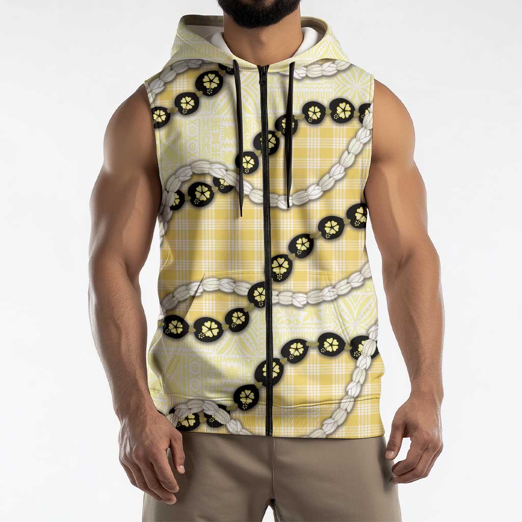 Yellow Palaka Hawaii Sleeveless Zip Hoodie Kukui Nut Pikake Lei Hawaiian Tapa Pattern - Polynesian Pride