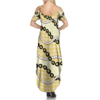 Yellow Palaka Hawaii Summer Maxi Dress Kukui Nut Pikake Lei Hawaiian Tapa Pattern - Polynesian Pride