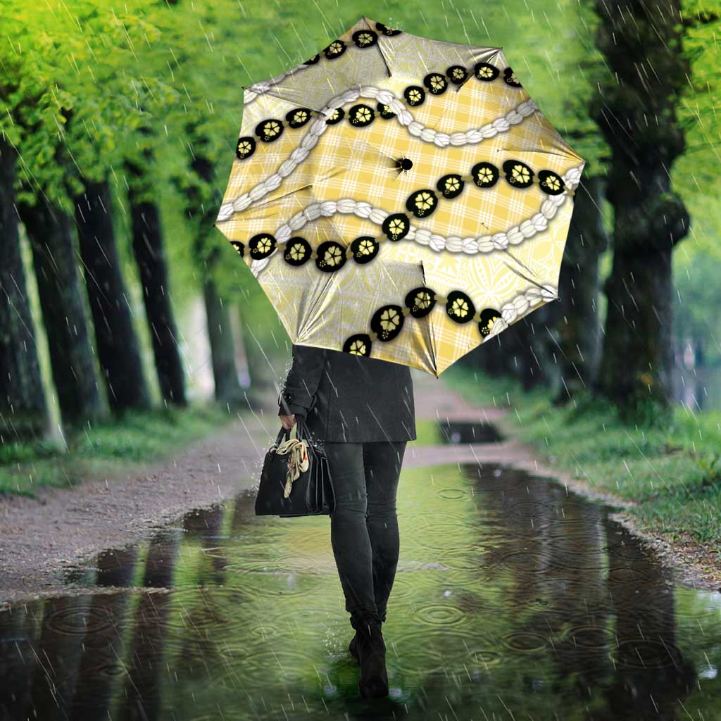 Yellow Palaka Hawaii Umbrella Kukui Nut Pikake Lei Hawaiian Tapa Pattern - Polynesian Pride