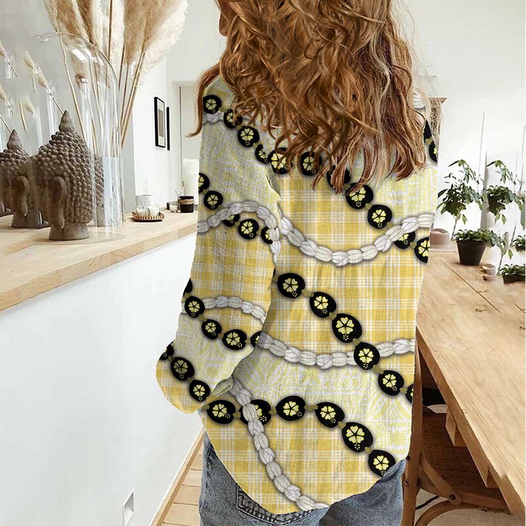 Yellow Palaka Hawaii Women Casual Shirt Kukui Nut Pikake Lei Hawaiian Tapa Pattern - Polynesian Pride