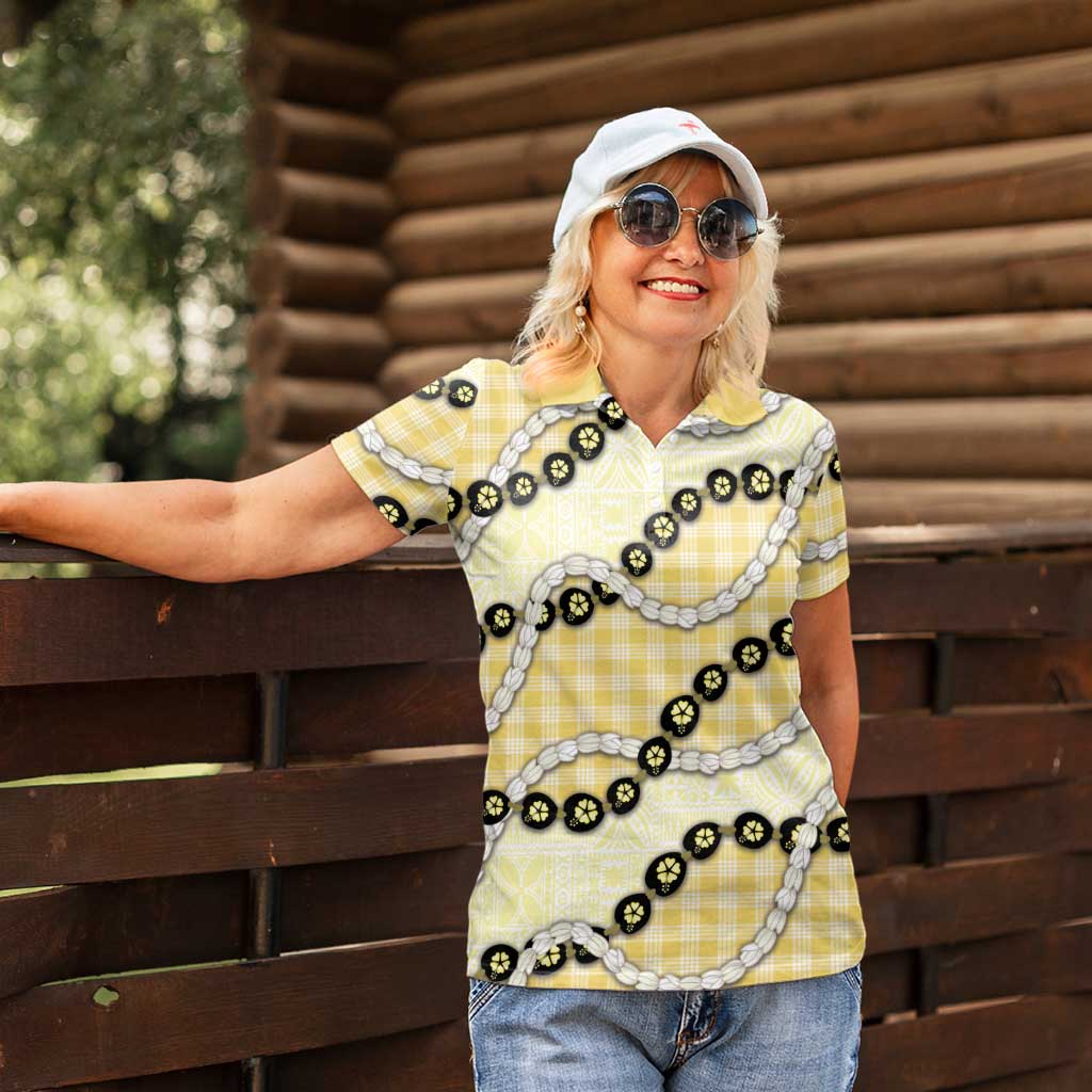 Yellow Palaka Hawaii Women Polo Shirt Kukui Nut Pikake Lei Hawaiian Tapa Pattern - Polynesian Pride