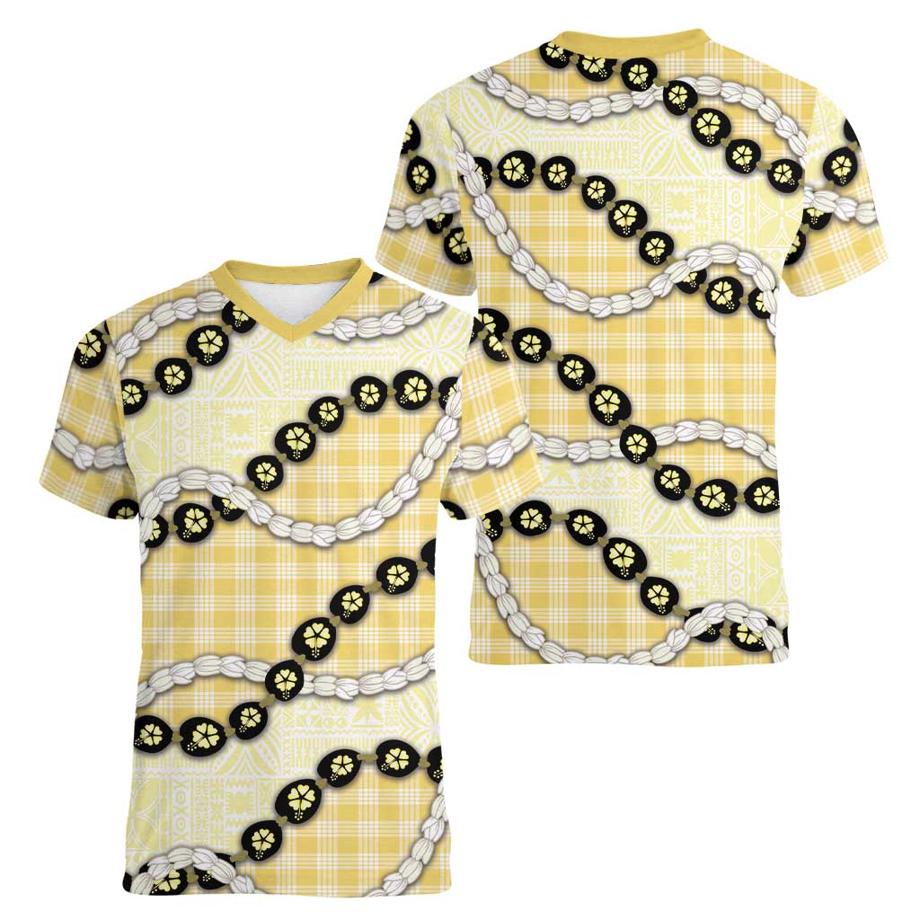 Yellow Palaka Hawaii Women V-Neck T-Shirt Kukui Nut Pikake Lei Hawaiian Tapa Pattern - Polynesian Pride