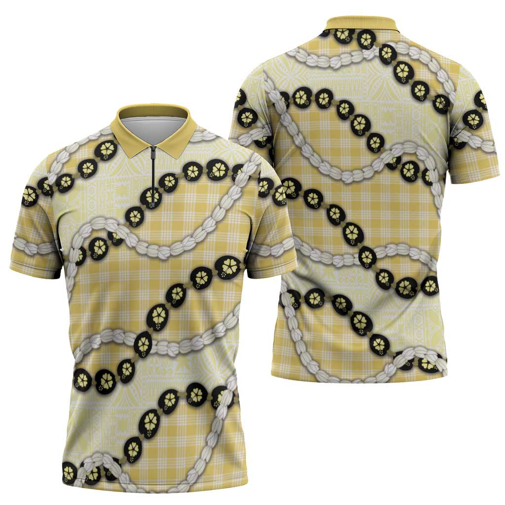 Yellow Palaka Hawaii Zipper Polo Shirt Kukui Nut Pikake Lei Hawaiian Tapa Pattern - Polynesian Pride