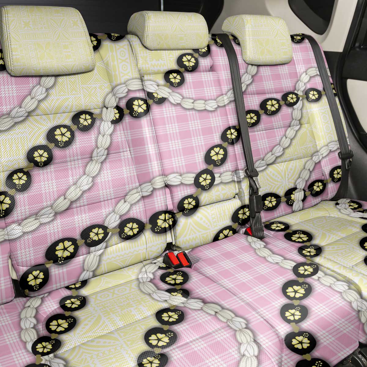 Pink Palaka Hawaii Back Car Seat Cover Kukui Nut Pikake Lei Hawaiian Tapa Pattern - Polynesian Pride