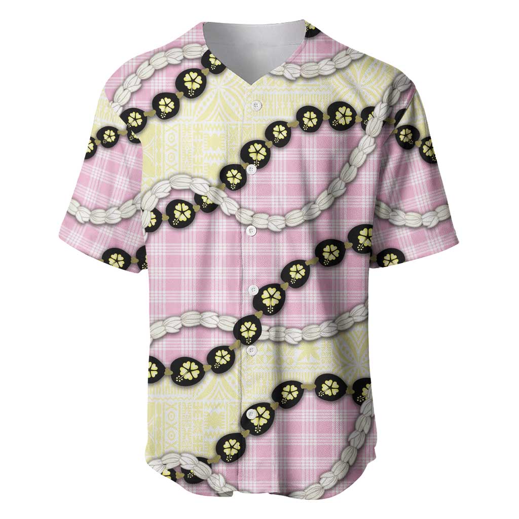 Pink Palaka Hawaii Baseball Jersey Kukui Nut Pikake Lei Hawaiian Tapa Pattern - Polynesian Pride