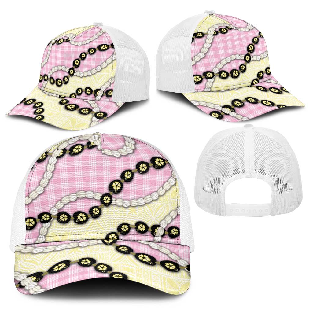 Pink Palaka Hawaii Baseball Net Cap Kukui Nut Pikake Lei Hawaiian Tapa Pattern - Polynesian Pride