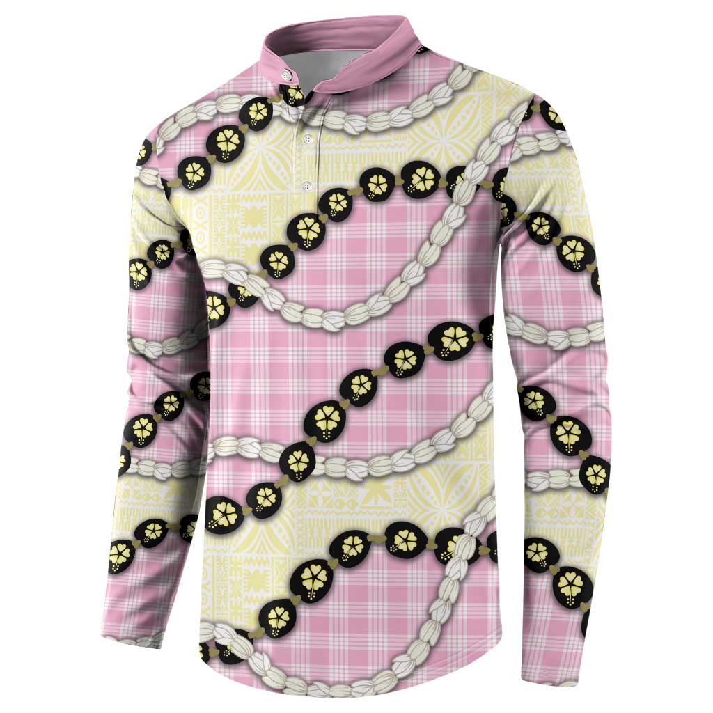 Pink Palaka Hawaii Button Sweatshirt Kukui Nut Pikake Lei Hawaiian Tapa Pattern - Polynesian Pride