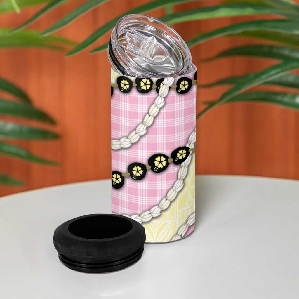 Pink Palaka Hawaii 4 in 1 Can Cooler Tumbler Kukui Nut Pikake Lei Hawaiian Tapa Pattern LT14 - Polynesian Pride