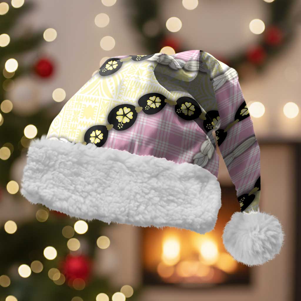 Pink Palaka Hawaii Christmas Santa Hat Kukui Nut Pikake Lei Hawaiian Tapa Pattern - Polynesian Pride