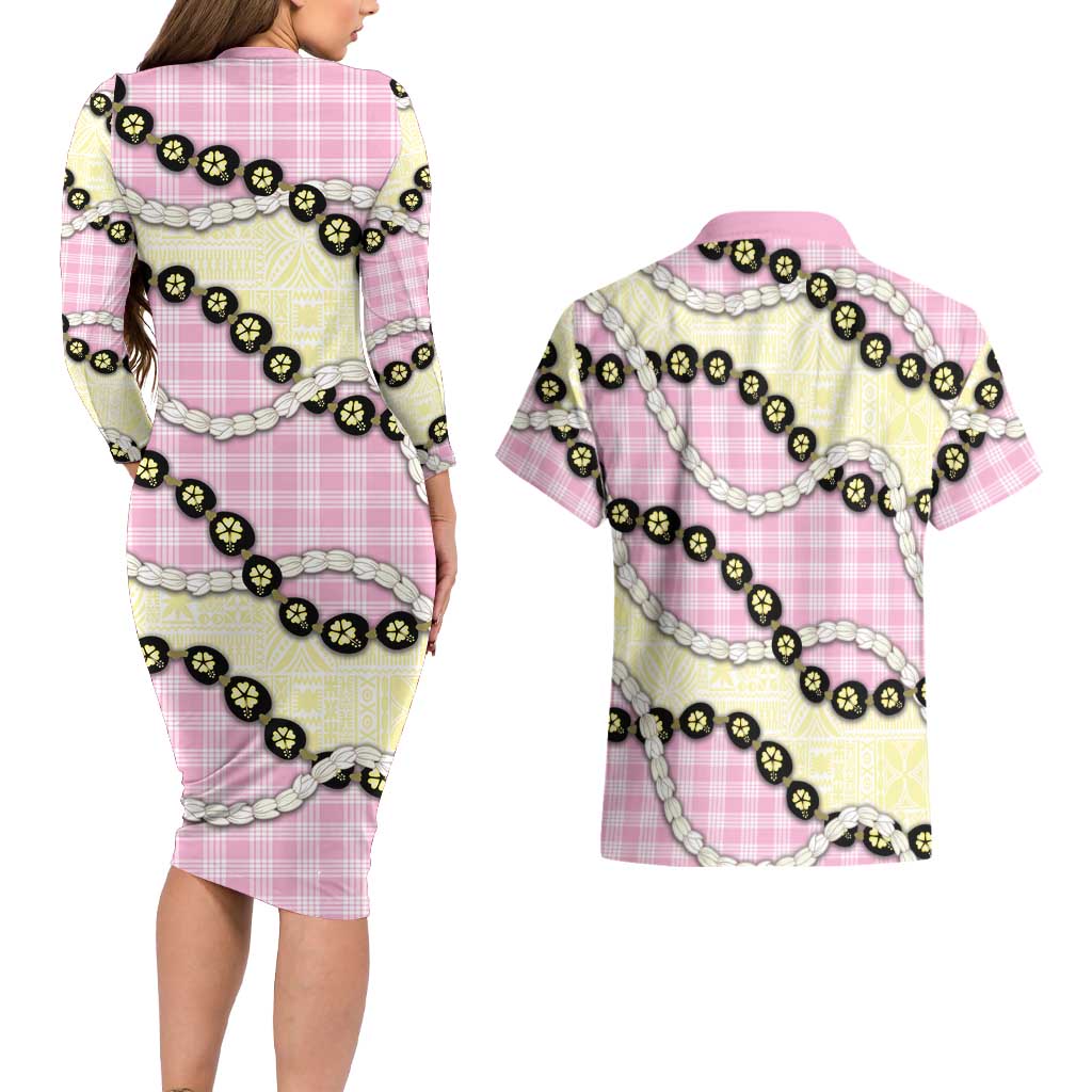 Pink Palaka Hawaii Couples Matching Long Sleeve Bodycon Dress and Hawaiian Shirt Kukui Nut Pikake Lei Hawaiian Tapa Pattern - Polynesian Pride