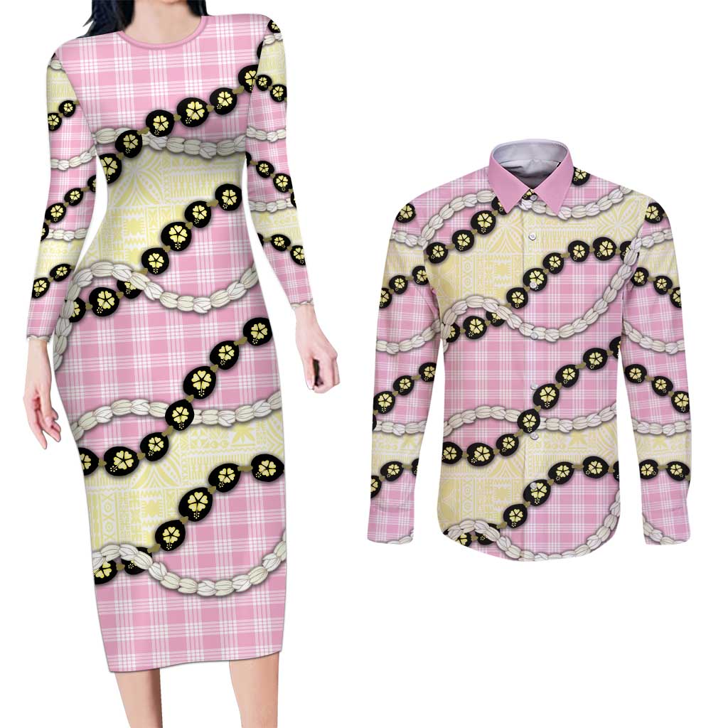 Pink Palaka Hawaii Couples Matching Long Sleeve Bodycon Dress and Long Sleeve Button Shirt Kukui Nut Pikake Lei Hawaiian Tapa Pattern - Polynesian Pride