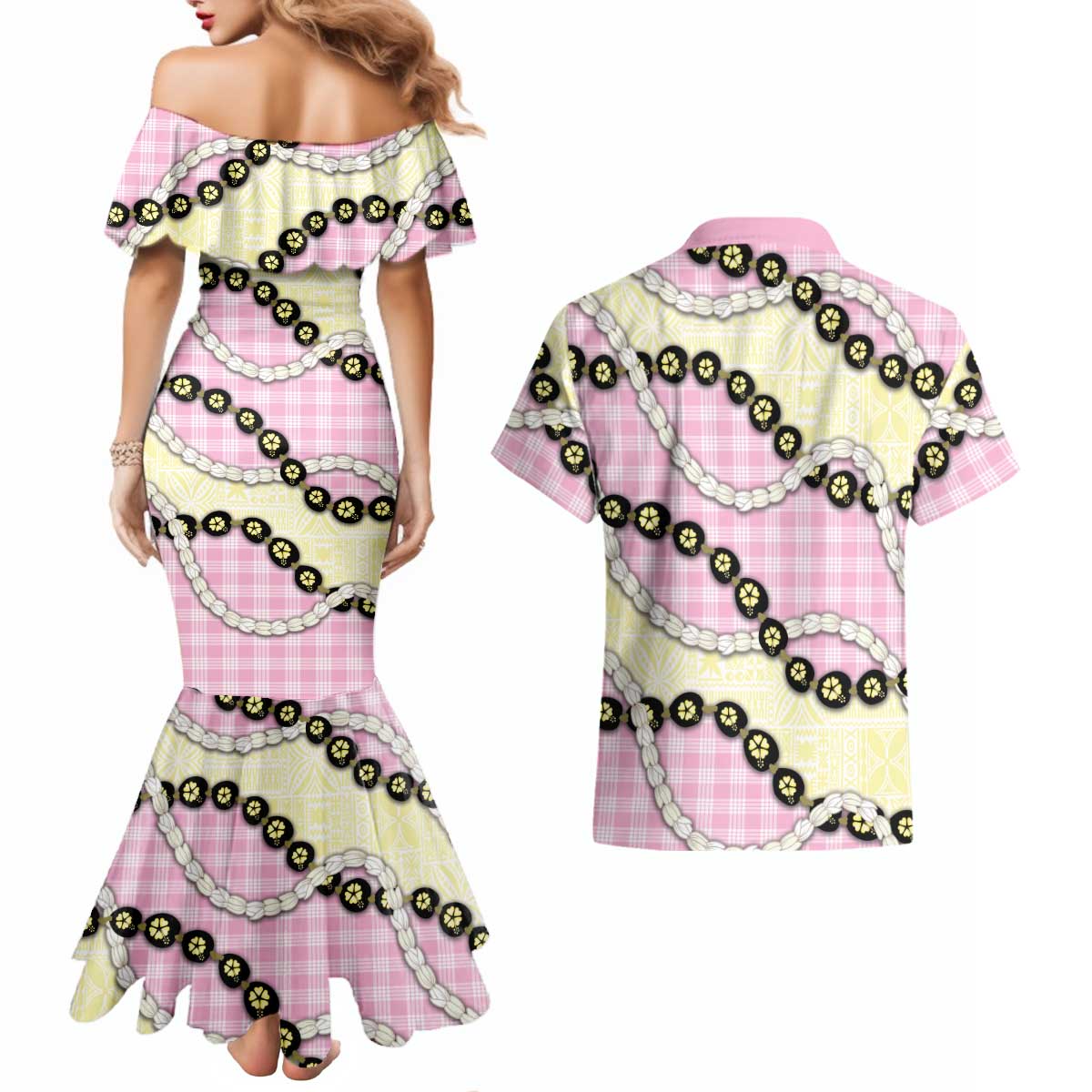 Pink Palaka Hawaii Couples Matching Mermaid Dress and Hawaiian Shirt Kukui Nut Pikake Lei Hawaiian Tapa Pattern - Polynesian Pride