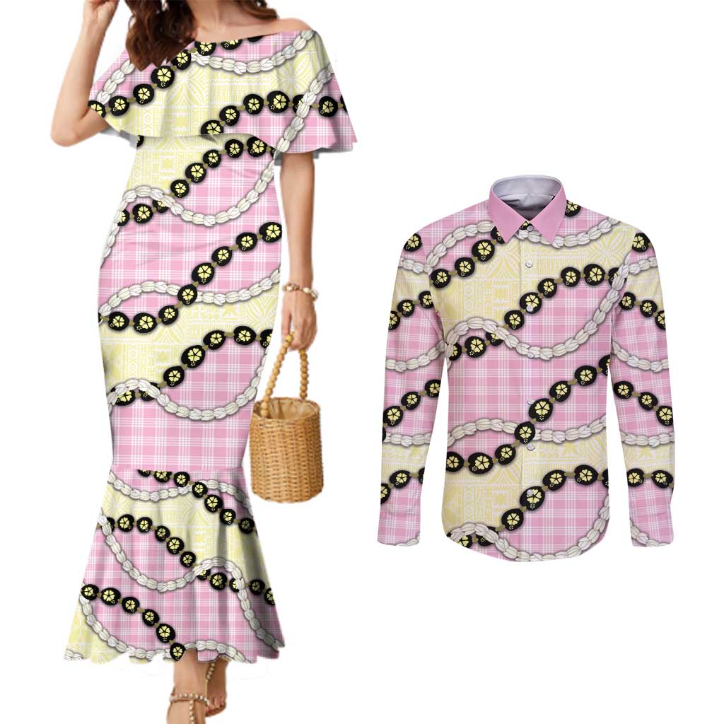 Pink Palaka Hawaii Couples Matching Mermaid Dress and Long Sleeve Button Shirt Kukui Nut Pikake Lei Hawaiian Tapa Pattern LT14 Pink - Polynesian Pride