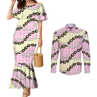 Pink Palaka Hawaii Couples Matching Mermaid Dress and Long Sleeve Button Shirt Kukui Nut Pikake Lei Hawaiian Tapa Pattern LT14 Pink - Polynesian Pride