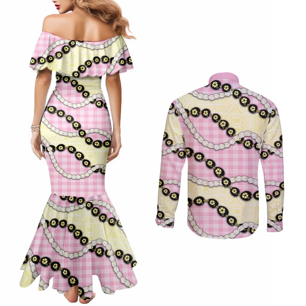 Pink Palaka Hawaii Couples Matching Mermaid Dress and Long Sleeve Button Shirt Kukui Nut Pikake Lei Hawaiian Tapa Pattern LT14 - Polynesian Pride