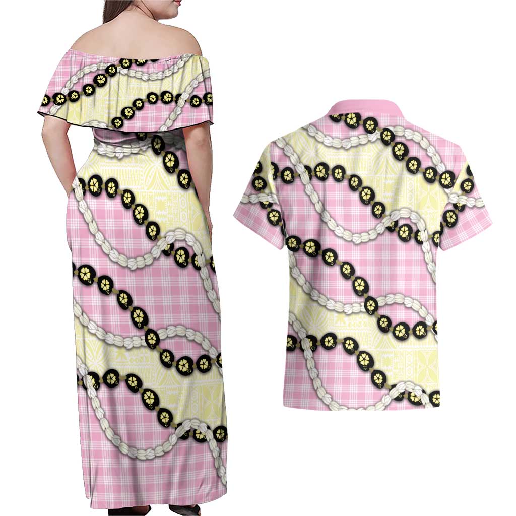 Pink Palaka Hawaii Couples Matching Off Shoulder Maxi Dress and Hawaiian Shirt Kukui Nut Pikake Lei Hawaiian Tapa Pattern - Polynesian Pride