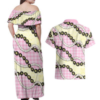 Pink Palaka Hawaii Couples Matching Off Shoulder Maxi Dress and Hawaiian Shirt Kukui Nut Pikake Lei Hawaiian Tapa Pattern - Polynesian Pride