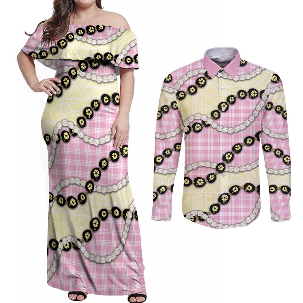 Pink Palaka Hawaii Couples Matching Off Shoulder Maxi Dress and Long Sleeve Button Shirt Kukui Nut Pikake Lei Hawaiian Tapa Pattern - Polynesian Pride