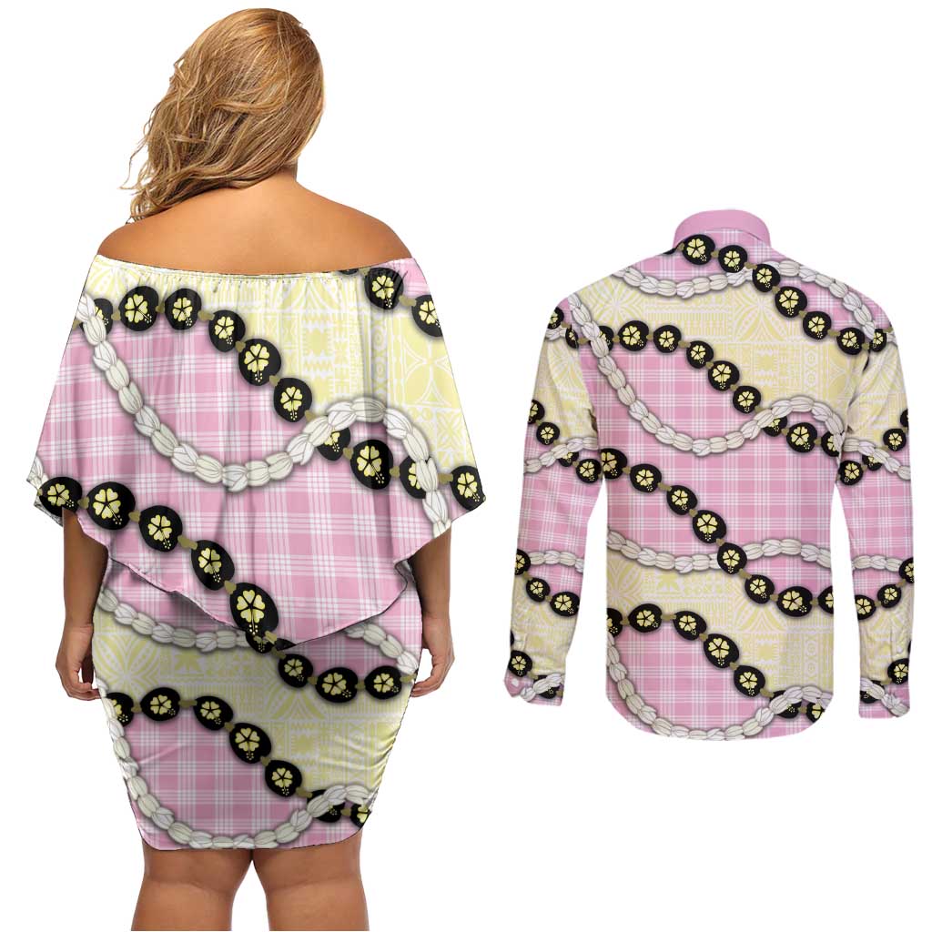 Pink Palaka Hawaii Couples Matching Off Shoulder Short Dress and Long Sleeve Button Shirt Kukui Nut Pikake Lei Hawaiian Tapa Pattern LT14 - Polynesian Pride