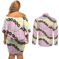 Pink Palaka Hawaii Couples Matching Off Shoulder Short Dress and Long Sleeve Button Shirt Kukui Nut Pikake Lei Hawaiian Tapa Pattern LT14 - Polynesian Pride