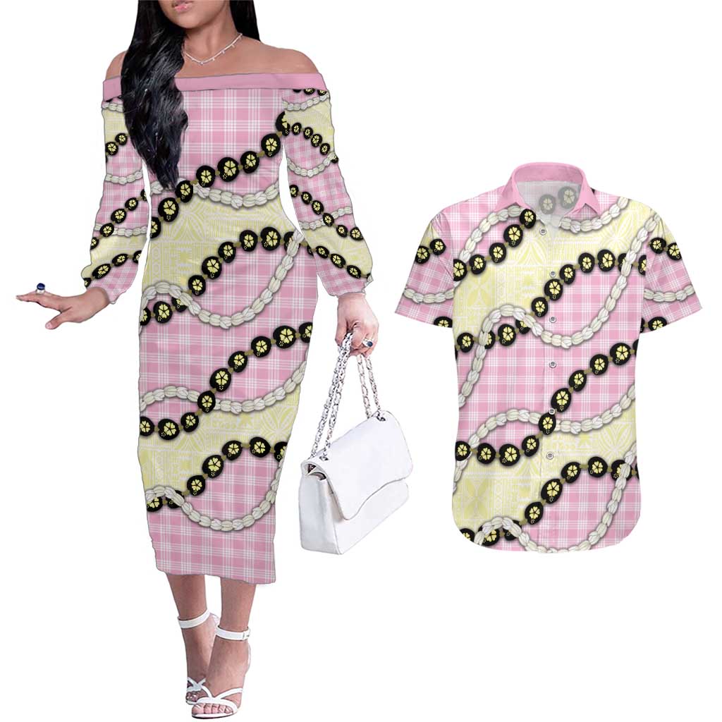 Pink Palaka Hawaii Couples Matching Off The Shoulder Long Sleeve Dress and Hawaiian Shirt Kukui Nut Pikake Lei Hawaiian Tapa Pattern LT14 Pink - Polynesian Pride