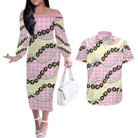 Pink Palaka Hawaii Couples Matching Off The Shoulder Long Sleeve Dress and Hawaiian Shirt Kukui Nut Pikake Lei Hawaiian Tapa Pattern LT14 Pink - Polynesian Pride