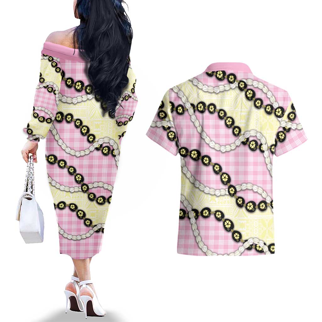 Pink Palaka Hawaii Couples Matching Off The Shoulder Long Sleeve Dress and Hawaiian Shirt Kukui Nut Pikake Lei Hawaiian Tapa Pattern LT14 - Polynesian Pride