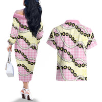 Pink Palaka Hawaii Couples Matching Off The Shoulder Long Sleeve Dress and Hawaiian Shirt Kukui Nut Pikake Lei Hawaiian Tapa Pattern LT14 - Polynesian Pride