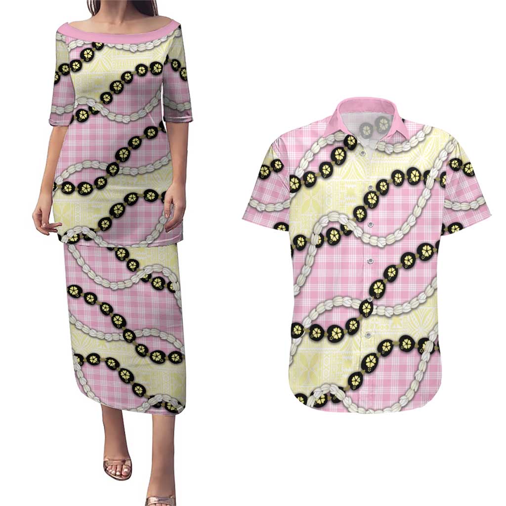 Pink Palaka Hawaii Couples Matching Puletasi and Hawaiian Shirt Kukui Nut Pikake Lei Hawaiian Tapa Pattern - Polynesian Pride