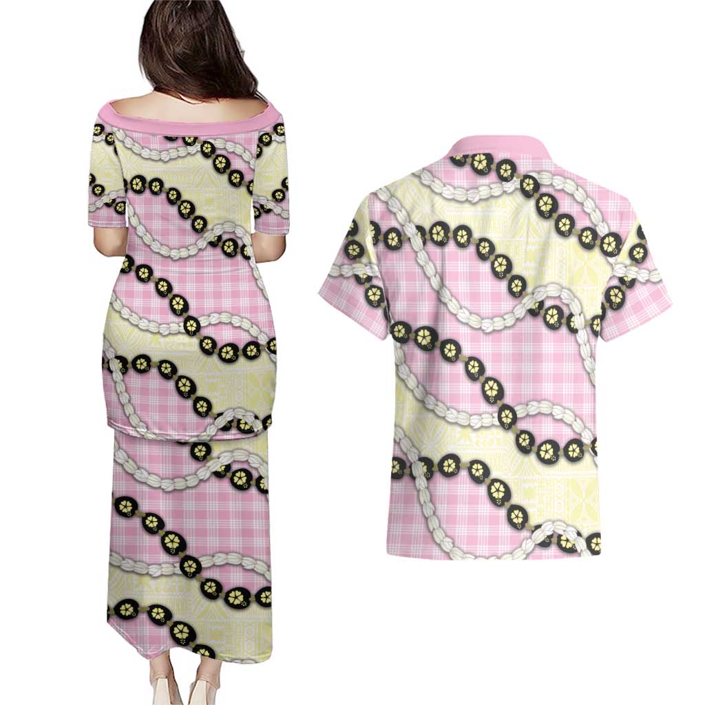 Pink Palaka Hawaii Couples Matching Puletasi and Hawaiian Shirt Kukui Nut Pikake Lei Hawaiian Tapa Pattern - Polynesian Pride