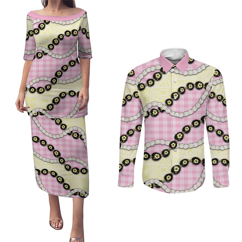 Pink Palaka Hawaii Couples Matching Puletasi and Long Sleeve Button Shirt Kukui Nut Pikake Lei Hawaiian Tapa Pattern - Polynesian Pride