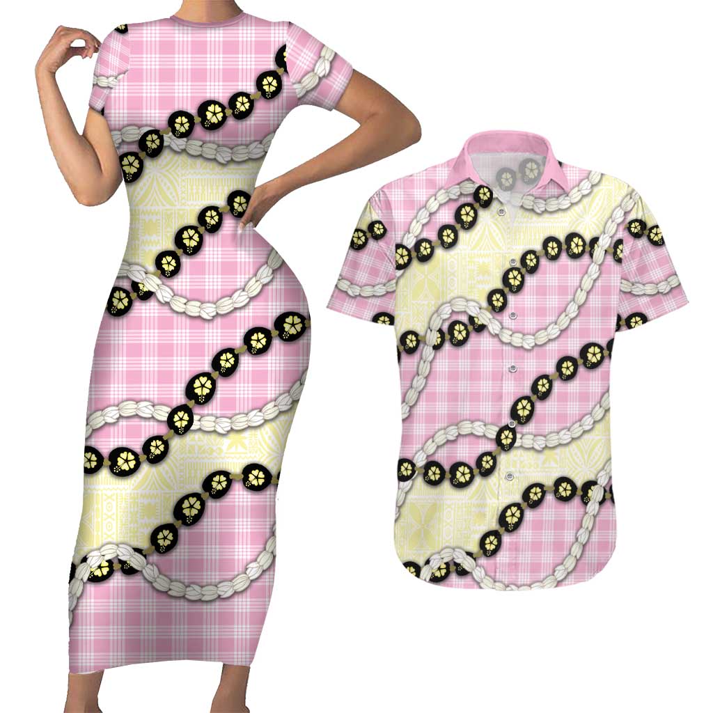 Pink Palaka Hawaii Couples Matching Short Sleeve Bodycon Dress and Hawaiian Shirt Kukui Nut Pikake Lei Hawaiian Tapa Pattern - Polynesian Pride