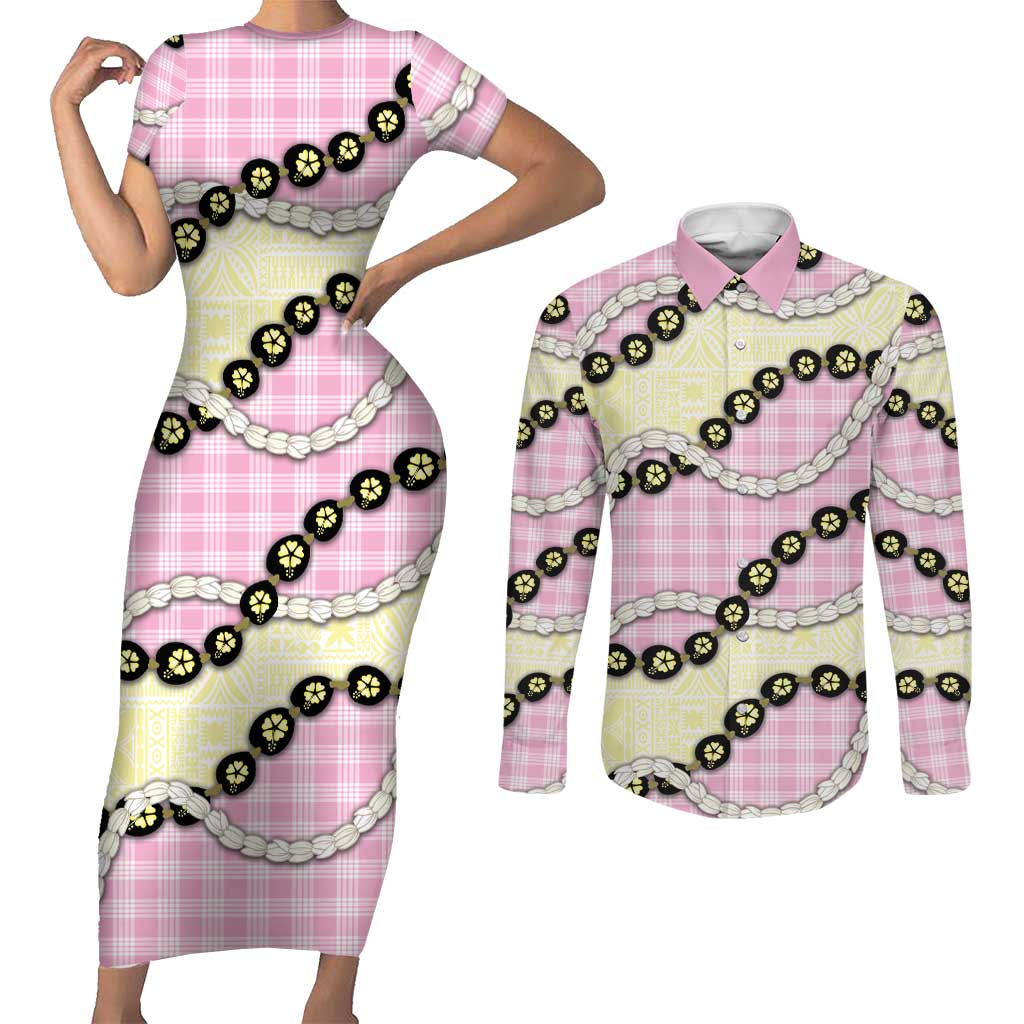 Pink Palaka Hawaii Couples Matching Short Sleeve Bodycon Dress and Long Sleeve Button Shirt Kukui Nut Pikake Lei Hawaiian Tapa Pattern - Polynesian Pride
