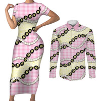 Pink Palaka Hawaii Couples Matching Short Sleeve Bodycon Dress and Long Sleeve Button Shirt Kukui Nut Pikake Lei Hawaiian Tapa Pattern - Polynesian Pride