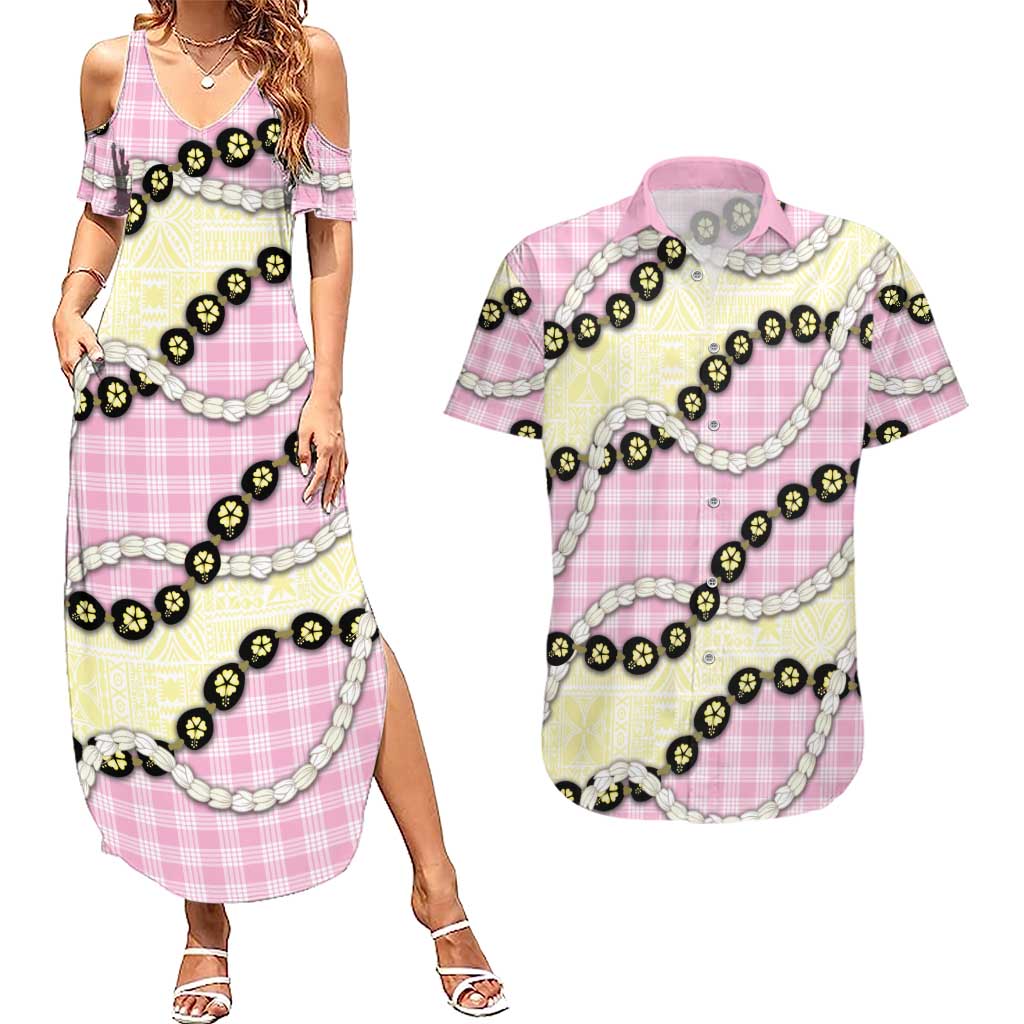 Pink Palaka Hawaii Couples Matching Summer Maxi Dress and Hawaiian Shirt Kukui Nut Pikake Lei Hawaiian Tapa Pattern - Polynesian Pride
