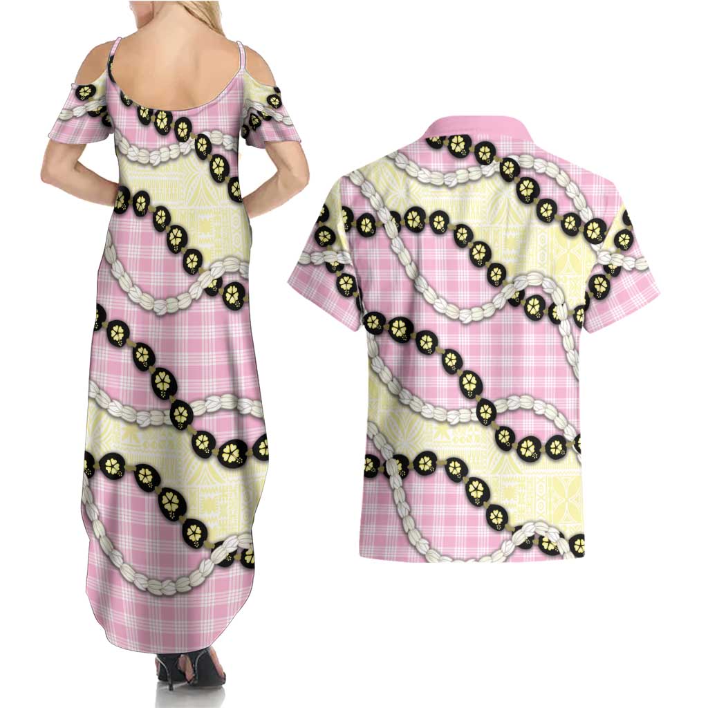 Pink Palaka Hawaii Couples Matching Summer Maxi Dress and Hawaiian Shirt Kukui Nut Pikake Lei Hawaiian Tapa Pattern - Polynesian Pride