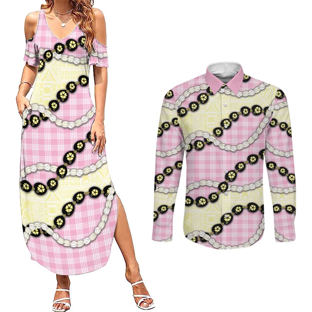 Pink Palaka Hawaii Couples Matching Summer Maxi Dress and Long Sleeve Button Shirt Kukui Nut Pikake Lei Hawaiian Tapa Pattern - Polynesian Pride