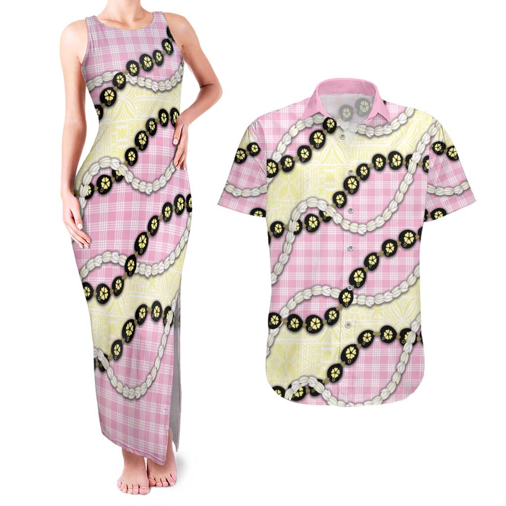Pink Palaka Hawaii Couples Matching Tank Maxi Dress and Hawaiian Shirt Kukui Nut Pikake Lei Hawaiian Tapa Pattern - Polynesian Pride