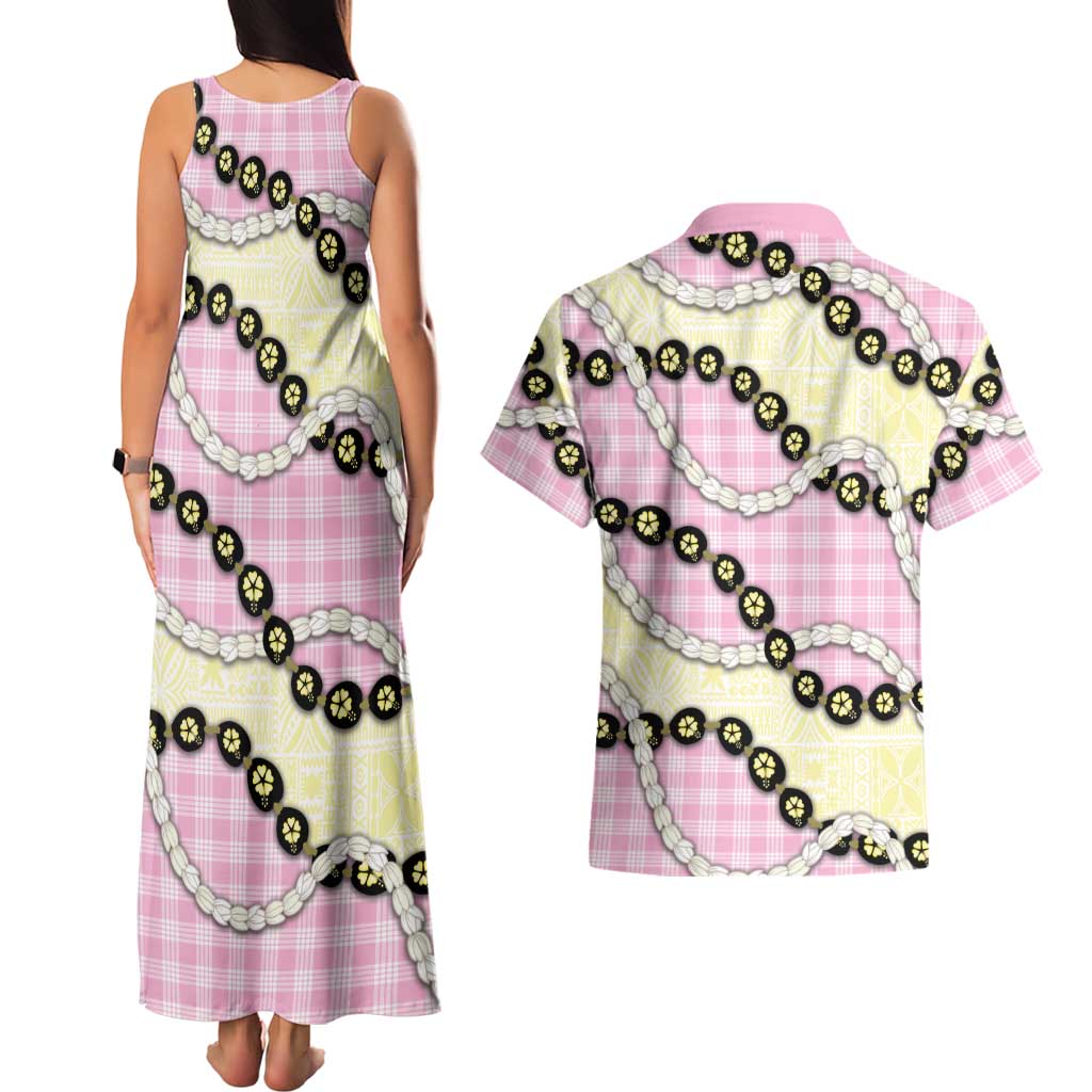 Pink Palaka Hawaii Couples Matching Tank Maxi Dress and Hawaiian Shirt Kukui Nut Pikake Lei Hawaiian Tapa Pattern - Polynesian Pride