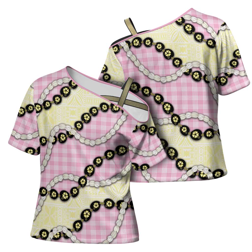 Pink Palaka Hawaii Cross Shoulder Shirt Kukui Nut Pikake Lei Hawaiian Tapa Pattern - Polynesian Pride
